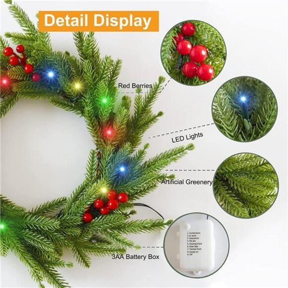 Colorful Christmas Front Door Wreath, 80 LED Lighted Christmas Decorations - Picture 3 of 6